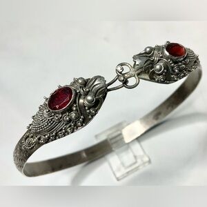 Antique Sterling Silver Snake Bangle Garnet Heads